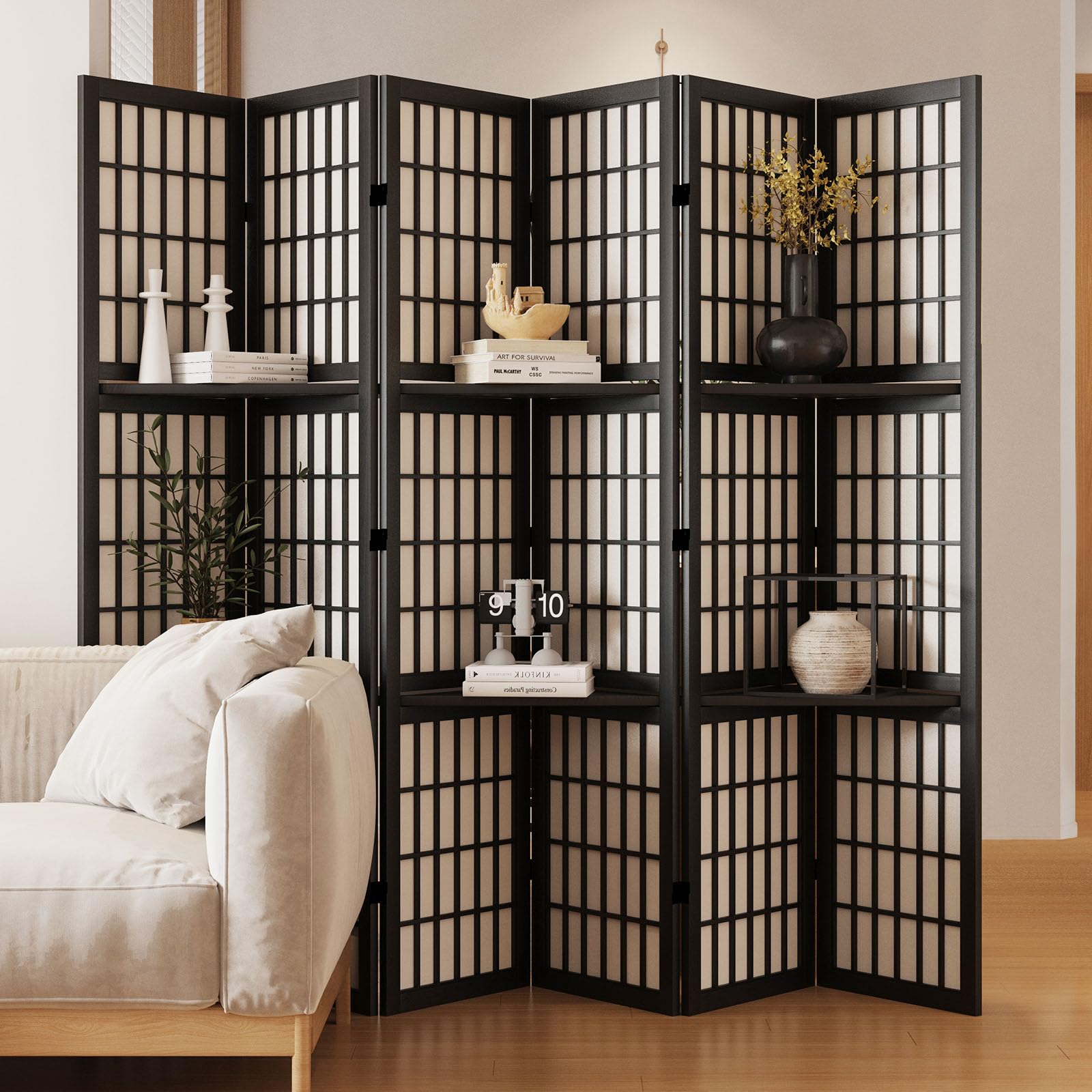 Shoji Screen Divider - 間仕切り、高さ66.9インチの和風障子型折りたたみ木製スクリーン、ダブルヒンジ付き、ホームオフィス、寝室、ホテル用