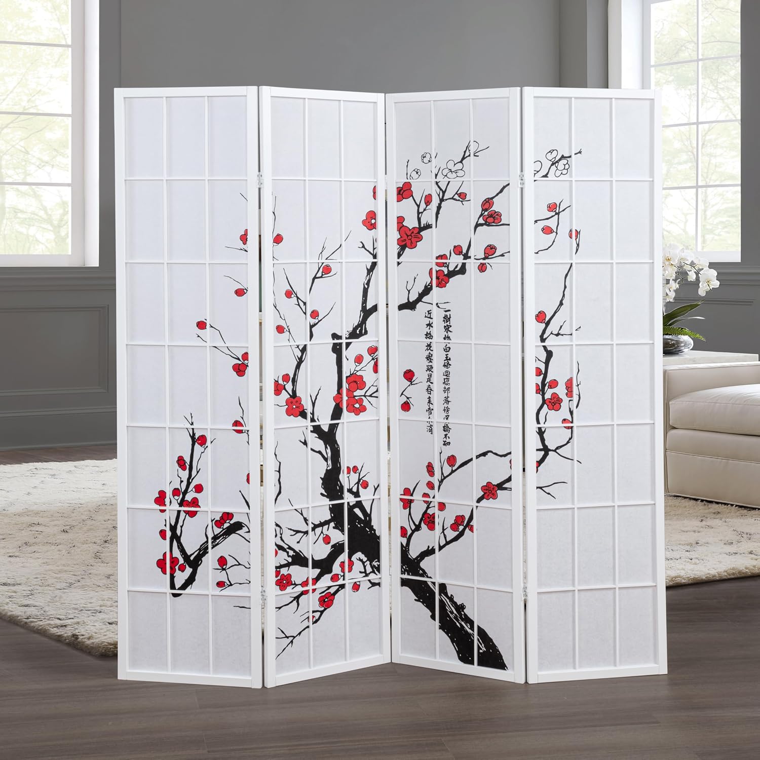 Shoji Screen Divider - 折りたたみ式和風障子間仕切り、4枚パネル木製自立型間仕切り壁、家庭およびオフィス用、梅柄プリント和紙間仕切り、伝統的な禅の装飾、白