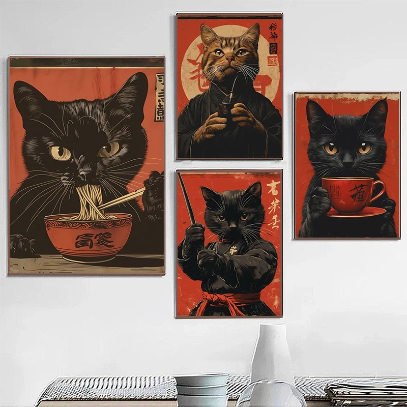 江戸風黒猫が麺を食べるお茶を飲むポスターとプリントキャンバス - Japanese Lifestyle Japanese のレビューと価格