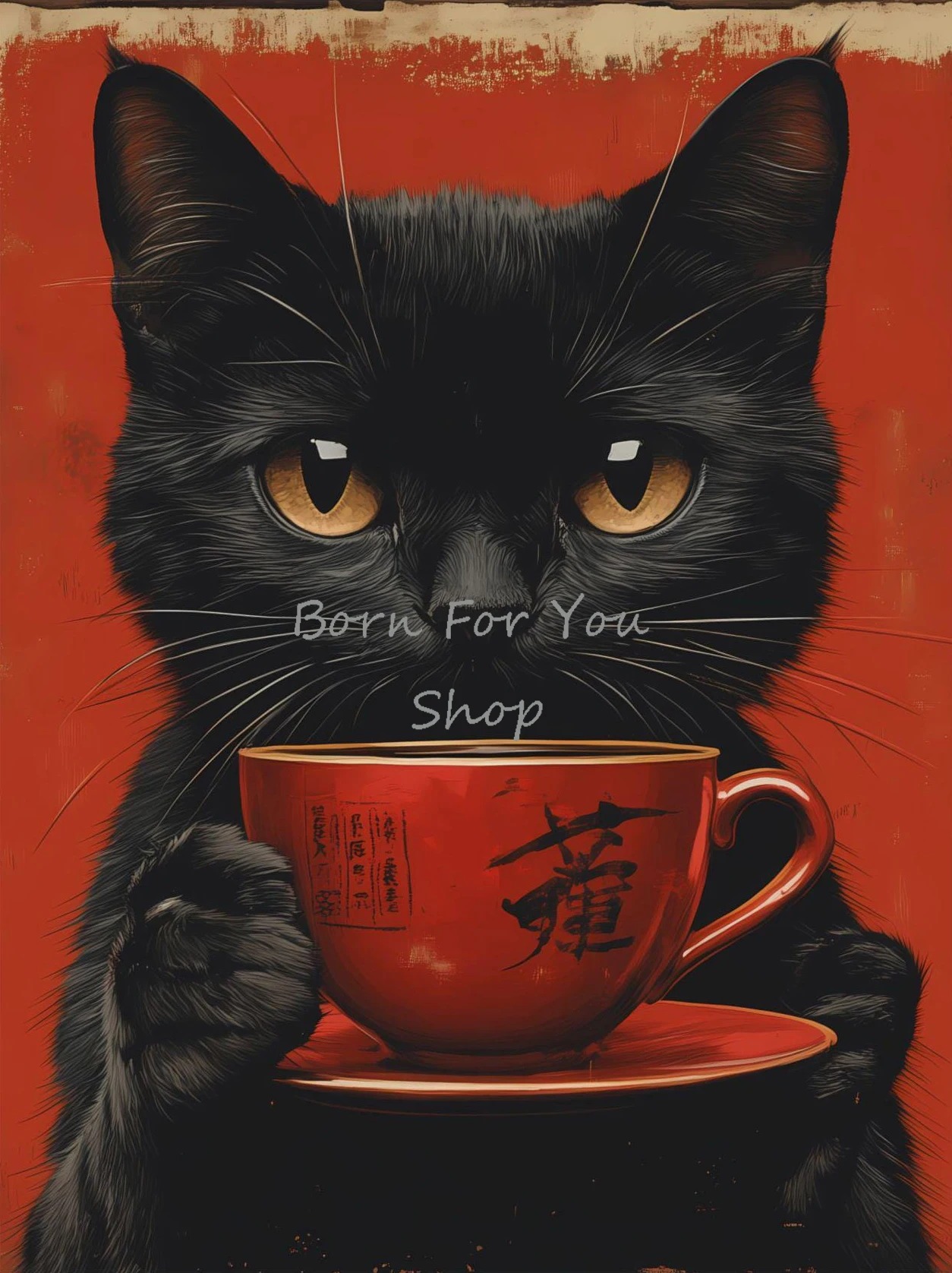 江戸風黒猫が麺を食べるお茶を飲むポスターとプリントキャンバス - Japanese Lifestyle Japanese のレビューと価格