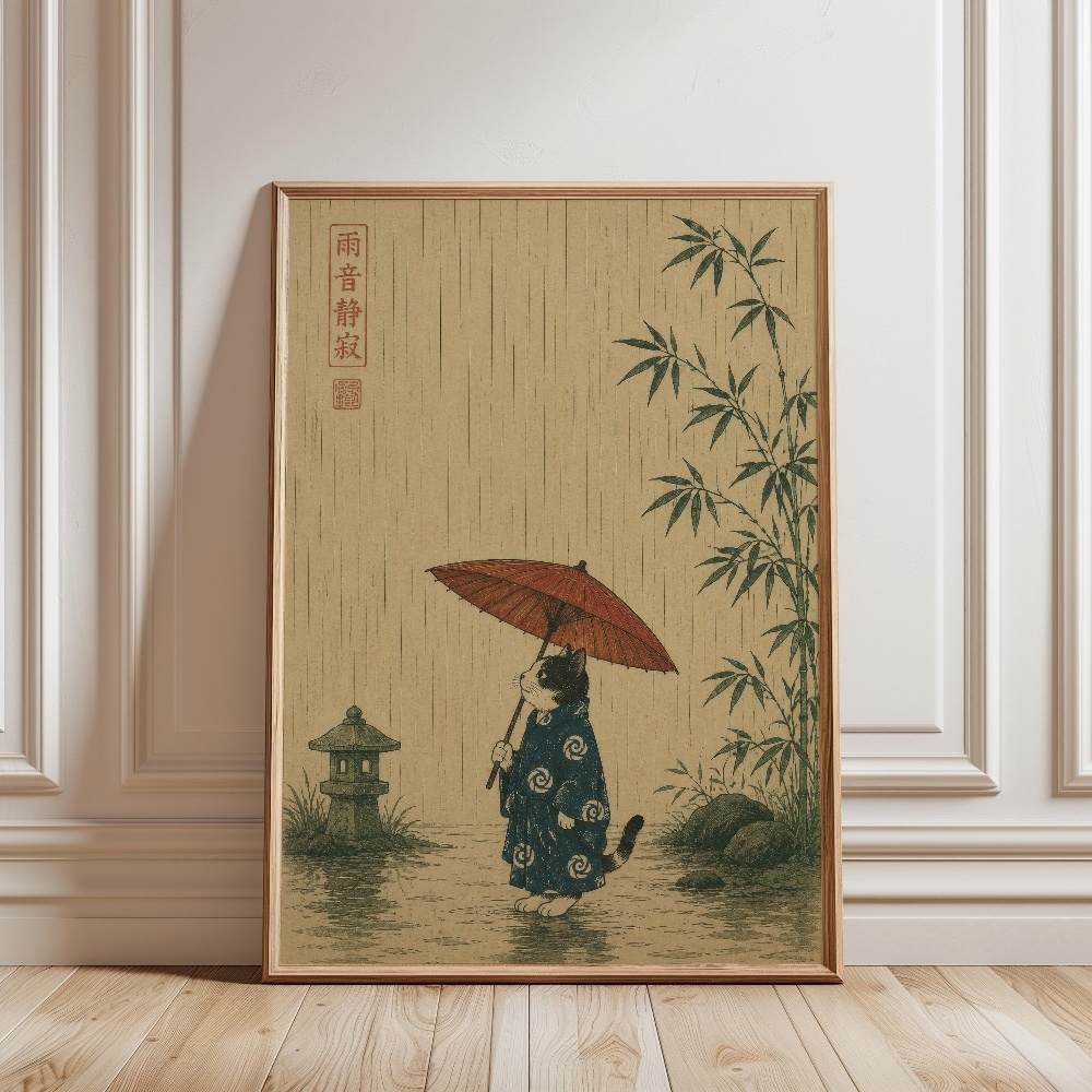 黒猫がラーメンを食べる雨の庭日本の風景猫キャンバス印刷ポスタ - Japanese Lifestyle Japanese のレビューと価格